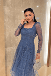 Ful Boncuklu Kare Yaka Midi Elbise - İNDİGO MAVİ