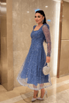Ful Boncuklu Kare Yaka Midi Elbise - İNDİGO MAVİ