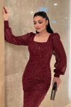 Ful Boncuklu Kolları Şifon Elbise - BORDO