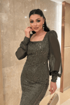 Ful Boncuklu Kolları Şifon Elbise - HAKİ YEŞİLİ