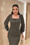 Ful Boncuklu Kolları Şifon Elbise - HAKİ YEŞİLİ