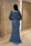 Ful Boncuklu Kolları Şifon Elbise - İNDİGO MAVİ