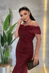 Ful Boncuklu Kumaş Kayık Yaka Abiye Elbise - BORDO
