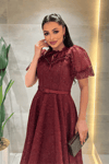 Ful Dantel Kumaş Balon Kol Midi Elbise - BORDO