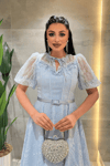 Ful Dantel Kumaş Balon Kol Midi Elbise - BEBE MAVİSİ