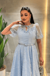 Ful Dantel Kumaş Balon Kol Midi Elbise - BEBE MAVİSİ