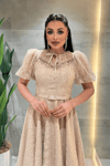 Ful Dantel Kumaş Balon Kol Midi Elbise - KREM
