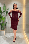 Ful Dantel Kumaş Boncuk Detaylı Kalem Elbise - BORDO