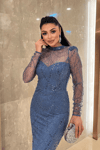 Full Boncuklu Kumaş Balık Abiye Elbise - İNDİGO MAVİ