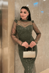 Full Boncuklu Kumaş Balık Abiye Elbise - HAKİ YEŞİLİ