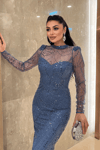 Full Boncuklu Kumaş Balık Abiye Elbise - İNDİGO MAVİ