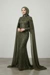 Full Boncuklu Kumaş Kolları Sifon Detaylı Tesettür  Elbise - HAKİ YEŞİLİ