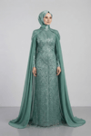 Full Boncuklu Kumaş Kolları Sifon Detaylı Tesettür  Elbise - MİNT YEŞİLİ