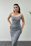 Full Boncuklu Kumaş Straplez Abiye Elbise - GRİ