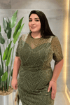 Full Boncuklu Kumaş Tasarım Elbise - HAKİ YEŞİLİ
