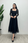 Full Lace Fabric Square Neck Midi Evening Dress - BLACK
