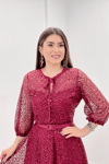 Full Dantel Payet Kumaş Midi Abiye Elbise - BORDO