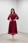 Full Dantel Payet Kumaş Midi Abiye Elbise - BORDO