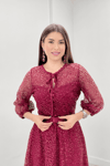 Full Dantel Payet Kumaş Midi Abiye Elbise - BORDO