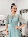 Full Güpür Düğme Detaylı Midi Elbise-SU YEŞİLİ