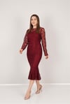 Güpür Dantel Kalp Yaka Elbise - Bordo