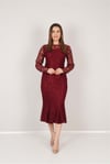 Güpür Dantel Kalp Yaka Elbise - Bordo