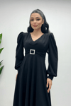 Imported Crepe Fabric Belt Detailed Midi Dress - BLACK