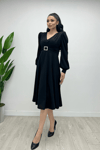 Imported Crepe Fabric Belt Detailed Midi Dress - BLACK
