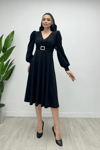 Imported Crepe Fabric Belt Detailed Midi Dress - BLACK