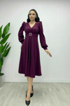 İthal Krep Kumaş Kemer Detaylı Midi Elbise - PATLICAN MOR