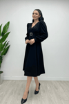 Imported Crepe Fabric Belt Detailed Midi Dress - BLACK