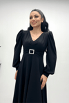 Imported Crepe Fabric Belt Detailed Midi Dress - BLACK