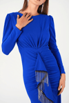 Stone Tassel Detailed Evening Dress - SAX BLUE