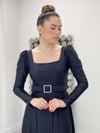 Imported Crepe Satin Fabric Sweetheart Collar Flared Dress - Black