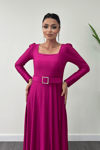 Imported Crepe Satin Fabric Sweetheart Collar Flared Dress - Plum Color
