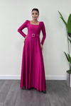 Imported Crepe Satin Fabric Sweetheart Collar Flared Dress - Plum Color