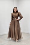İthal Organze Krep Kumaş Abiye Elbise - KAHVERENGİ