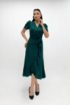 Imported Silvery Fabric Sash Detailed Midi Length Dress - Emerald Green