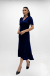 Imported Silvery Fabric Sash Detailed Midi Length Dress - Sax Blue