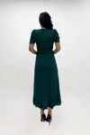 Imported Silvery Fabric Sash Detailed Midi Length Dress - Emerald Green