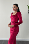 Velvet Fabric Heart Neck Fish Dress - BURGUNDY