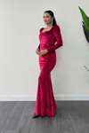Velvet Fabric Heart Neck Fish Dress - BURGUNDY