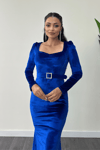 Velvet Fabric Heart Neck Fish Dress - SAKS BLUE