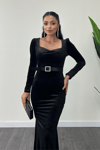 Velvet Fabric Heart Neck Fish Dress - BLACK