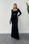 Velvet Fabric Heart Neck Fish Dress - BLACK