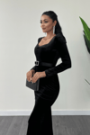 Velvet Fabric Heart Neck Fish Dress - BLACK