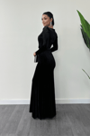 Velvet Fabric Heart Neck Fish Dress - BLACK