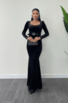 Velvet Fabric Heart Neck Fish Dress - BLACK