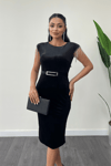 Velvet Fabric Shoulder Tassel Pencil Dress - Black