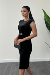 Velvet Fabric Shoulder Tassel Pencil Dress - Black